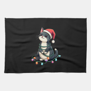 Christmas Cat Tuxedo black cat xmas lights kitty c Kitchen Towel
