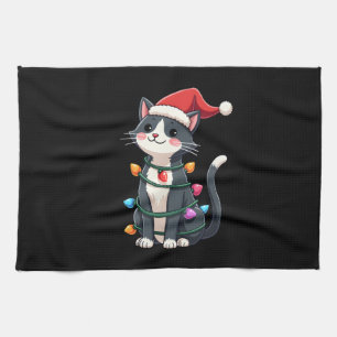 Christmas Cat Tuxedo black cat xmas lights kitty c Kitchen Towel