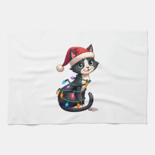 Christmas Cat Tuxedo black cat xmas lights kitty c Kitchen Towel