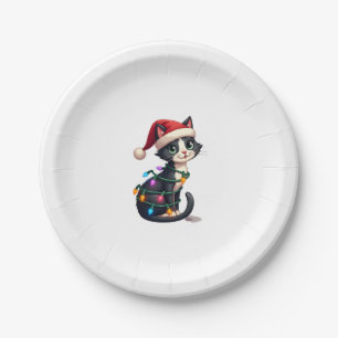Christmas Cat Tuxedo black cat xmas lights kitty c Paper Plates
