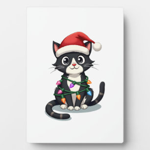 Christmas Cat Tuxedo black cat xmas lights kitty c Plaque
