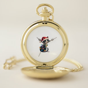 Christmas Cat Tuxedo black cat xmas lights kitty c Pocket Watch