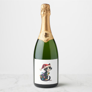 Christmas Cat Tuxedo black cat xmas lights kitty c Sparkling Wine Label