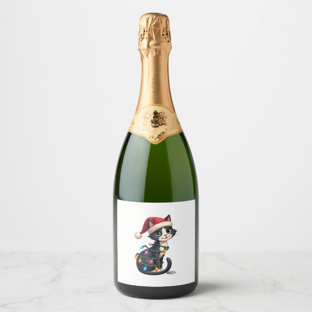 Christmas Cat Tuxedo black cat xmas lights kitty c Sparkling Wine Label (Front)