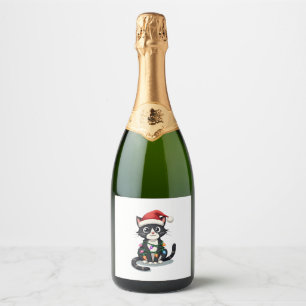 Christmas Cat Tuxedo black cat xmas lights kitty c Sparkling Wine Label