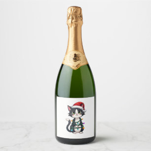 Christmas Cat Tuxedo black cat xmas lights kitty c Sparkling Wine Label