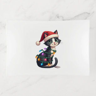 Christmas Cat Tuxedo black cat xmas lights kitty c Trinket Tray