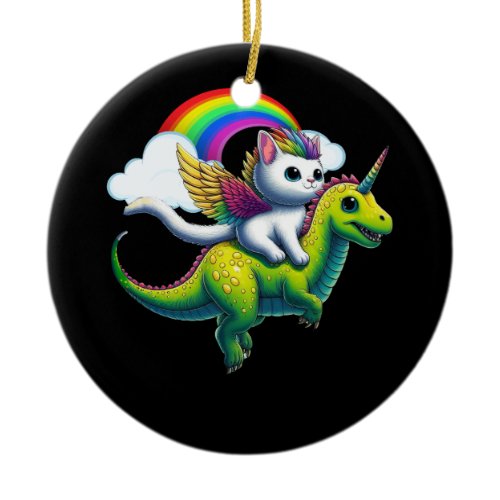Christmas Cat Unicorn Riding Dinosaur Kitten Space Ceramic Ornament