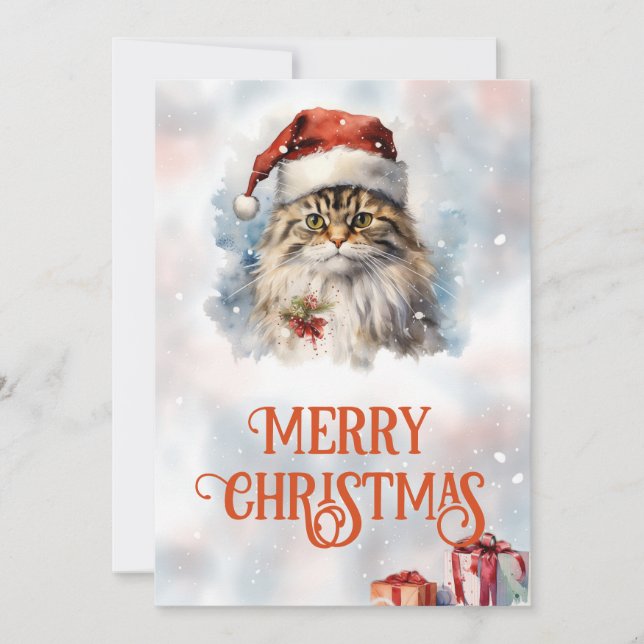 Christmas Cat Watercolor Holiday Card (Front)
