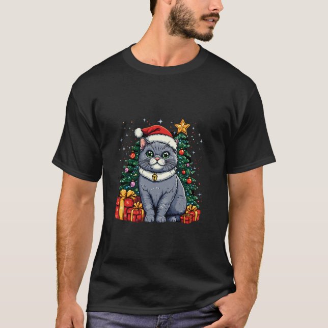 Christmas Cat with Christmas Hat British Shorthair T-Shirt (Front)