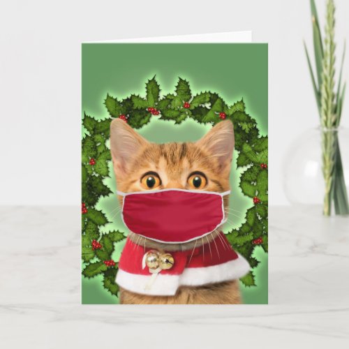 Christmas Cat with coronavirus mask Card