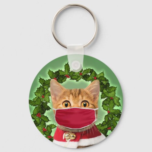 Christmas Cat with coronavirus mask Keychain