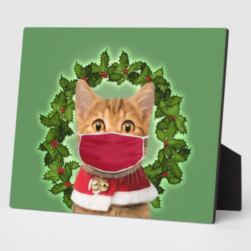 Christmas Cat with coronavirus mask Plaque