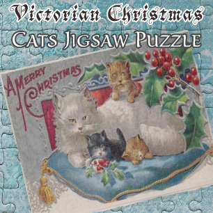Christmas Cat with Kittens Vintage Victorian Jigsaw Puzzle