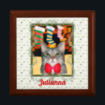Christmas Cat with Name Trinket Keepsake Box<br><div class="desc">This cute gray tabby cat is dressed for the holidays in a red bow while he/she sits under the Christmas stockings awaiting his Christmas mouse!  Makes a sweet gift.</div>
