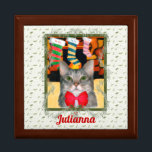 Christmas Cat with Name Trinket Keepsake Box<br><div class="desc">This cute gray tabby cat is dressed for the holidays in a red bow while he/she sits under the Christmas stockings awaiting his Christmas mouse!  Makes a sweet gift.</div>