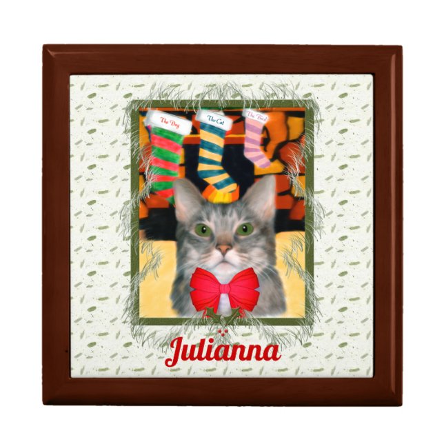 Christmas Cat with Name Trinket Keepsake Box (Front)
