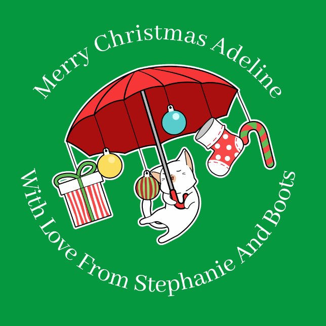 Christmas Cat With Red Umbrella On Green Wrapping Paper (Creator Uploaded)