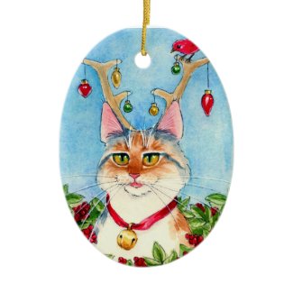 Christmas Cat with reindeer antlers ornament ornament