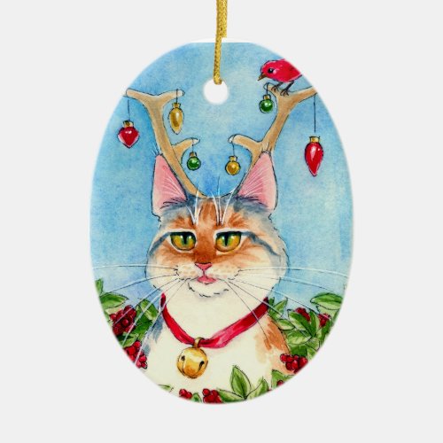 Christmas Cat with reindeer antlers ornament