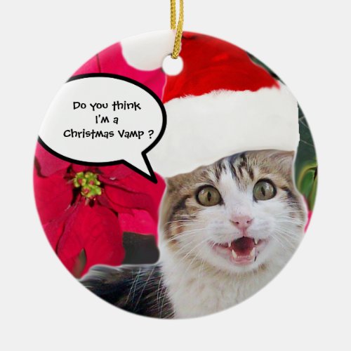 CHRISTMAS CAT WITH SANTA CLAUS HAT AND POINSETTIAS CERAMIC ORNAMENT