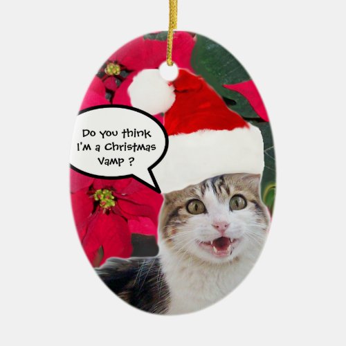 CHRISTMAS CAT WITH SANTA CLAUS HAT AND POINSETTIAS CERAMIC ORNAMENT