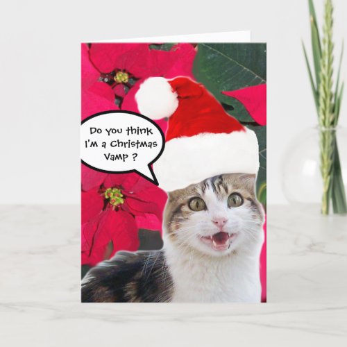 CHRISTMAS CAT WITH SANTA CLAUS HAT AND POINSETTIAS HOLIDAY CARD