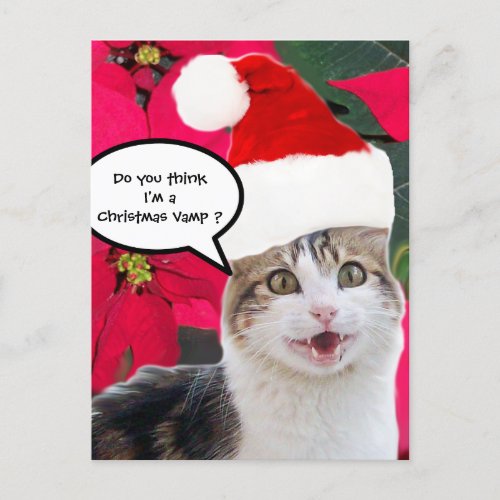 CHRISTMAS CAT WITH SANTA CLAUS HAT AND POINSETTIAS HOLIDAY POSTCARD