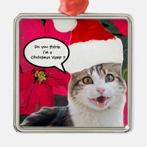 CHRISTMAS CAT WITH SANTA CLAUS HAT AND POINSETTIAS METAL ORNAMENT