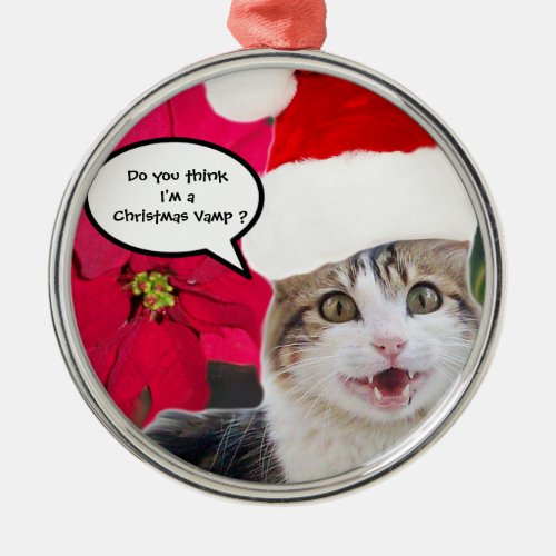 CHRISTMAS CAT WITH SANTA CLAUS HAT AND POINSETTIAS METAL ORNAMENT