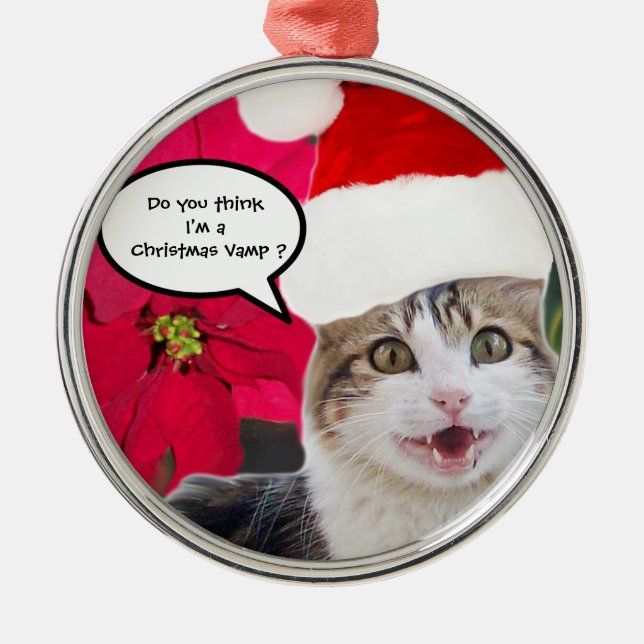 CHRISTMAS CAT WITH SANTA CLAUS HAT AND POINSETTIAS METAL ORNAMENT (Front)
