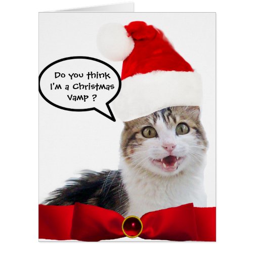 CHRISTMAS CAT WITH SANTA CLAUS HAT AND RED RIBBON