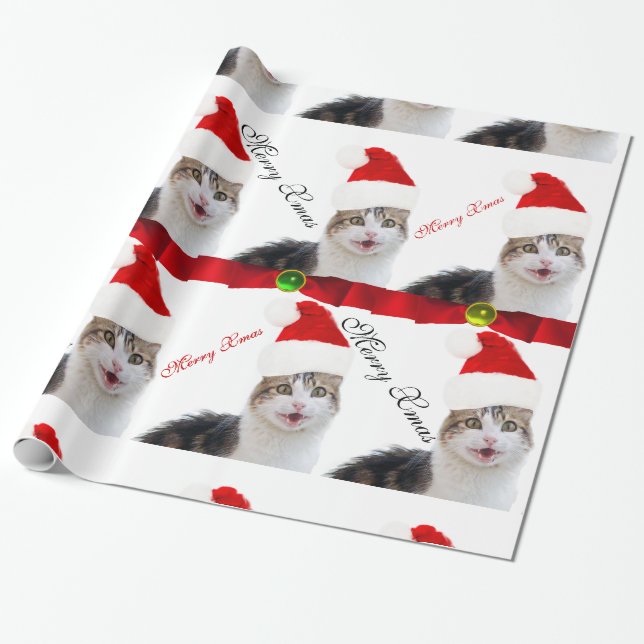 CHRISTMAS CAT WITH SANTA CLAUS HAT AND RED RIBBONS WRAPPING PAPER (Unrolled)