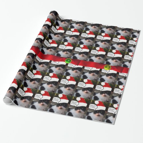CHRISTMAS CAT WITH SANTA CLAUS HAT AND RED RIBBONS WRAPPING PAPER