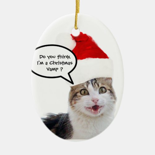 CHRISTMAS CAT WITH SANTA CLAUS HAT CERAMIC ORNAMENT