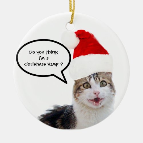 CHRISTMAS CAT WITH SANTA CLAUS HAT CERAMIC ORNAMENT