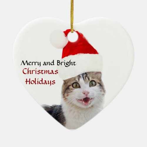 CHRISTMAS CAT WITH SANTA CLAUS HAT HEART CERAMIC ORNAMENT