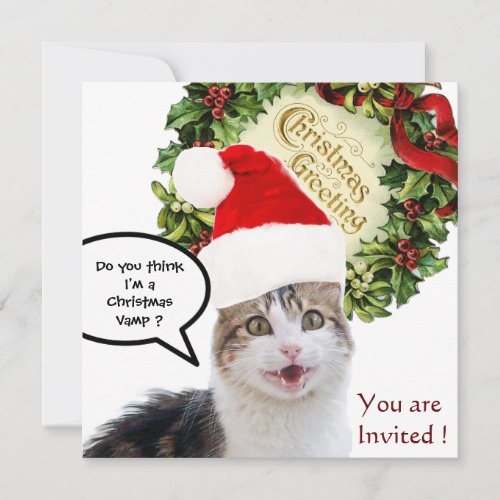 CHRISTMAS CAT WITH SANTA CLAUS HAT HOLIDAY PARTY INVITATION