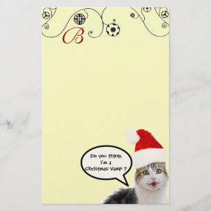 CHRISTMAS CAT WITH SANTA CLAUS HAT Monogram Stationery