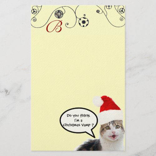 CHRISTMAS CAT WITH SANTA CLAUS HAT Monogram Stationery