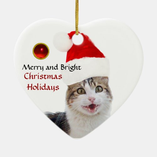 CHRISTMAS CAT WITH SANTA CLAUS HAT RUBY HEART CERAMIC ORNAMENT