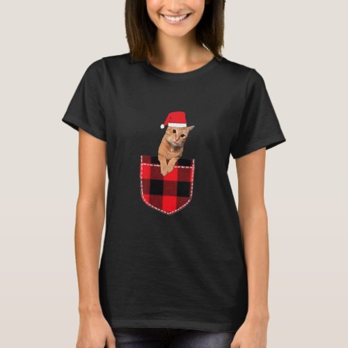 Christmas Cat With Santa Hat In Pocket  T_Shirt