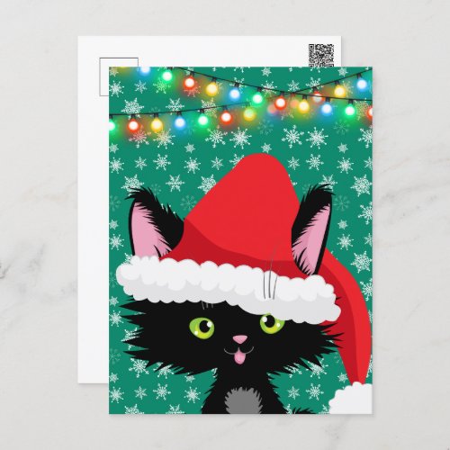 Christmas Cat with Santa Hat Snowflakes and Lights Postcard