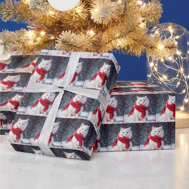 Christmas Cat With Scarf On Snow Wrapping Paper (Holidays)