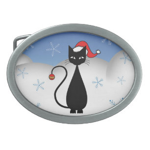 Christmas Cat with Snowflakes Oval Belt Buckle