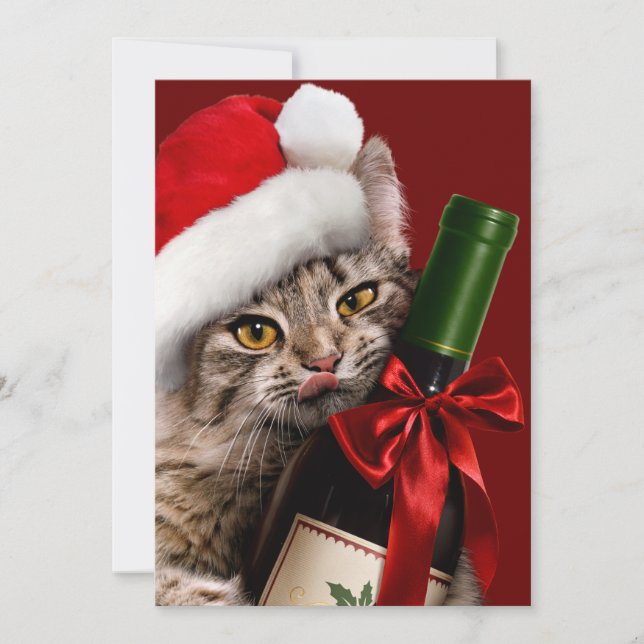 Christmas Cat With Wine Bottle Invitation (Front)