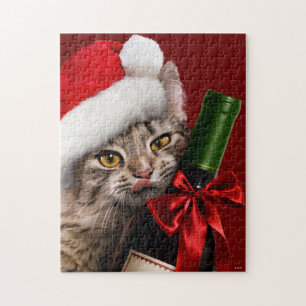 Christmas Cat With Wine Bottle Jigsaw Puzzle