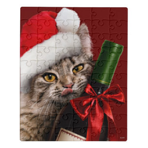 Christmas Cat With Wine Bottle Jigsaw Puzzle