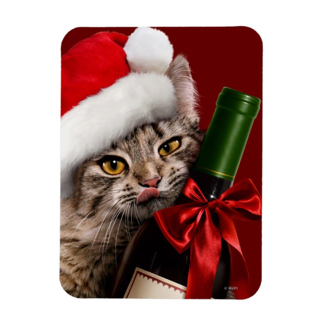 Christmas Cat With Wine Bottle Magnet (Vertical)