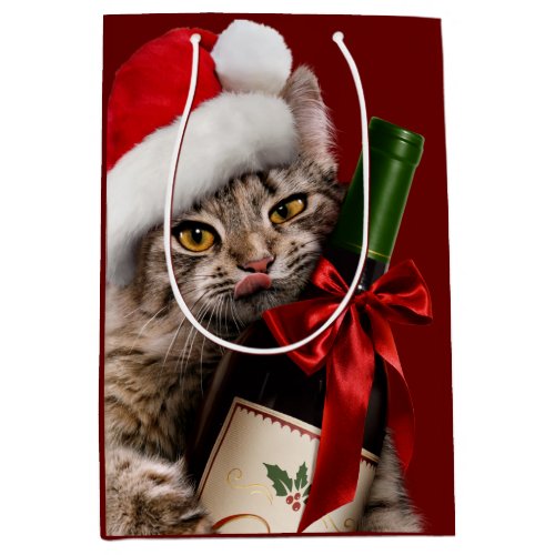 Christmas Cat With Wine Bottle Medium Gift Bag